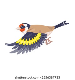 Goldfinch bird flying. In cartoon style. Isolated on white background. Vector flat illustration.