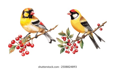 Goldfinch on a Hawthorn Branch. Watercolor Illustration of Hand-Drawn Realistic Garden Bird with Red Berries. Bright Summer Avian Image on White Background