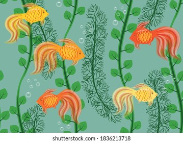 Goldfish and algae vector seamless pattern