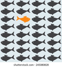 Goldfish among grey crowd moving against stream. Concept illustration of uniqueness