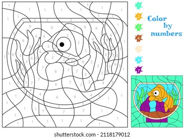 Goldfish in an aquarium. Coloring by numbers. Coloring book. Educational puzzle game for kids.