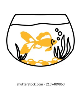 Goldfish in an aquarium. Doodle style. Aquarium with algae.