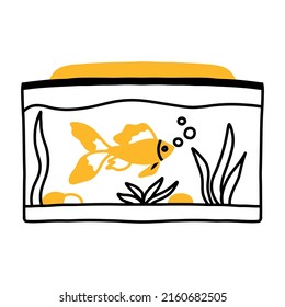 Goldfish in an aquarium. Doodle style. Aquarium with algae.