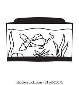 Goldfish in an aquarium. Doodle style. Two goldfish. Aquarium with algae.