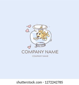 Goldfish in the aquarium and hearts logo icon