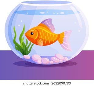 goldfish in aquarium with stones and algae, pet, gradient