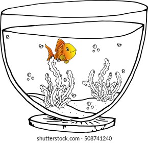 Goldfish in the aquarium. Vector illustration of a colored fish in a black and white aquarium. Orange aquarium fish. Hand drawn exotic aquarium fish.