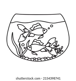 Goldfish in an aquarium. Vector illustration . Doodle style. Two goldfish. Aquarium with algae.