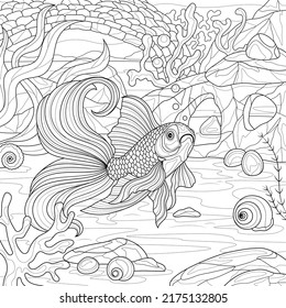 Goldfish in an aquarium.Coloring book antistress for children and adults. Illustration isolated on white background. Zen-tangle style. Hand draw