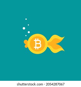 Goldfish. Bitcoin as golden fish. isolated on blue background. Free, easy catch money. Economy, finance, digital money. Online paying pictogram. Crypto currency, virtual electronic, internet money
