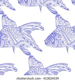 goldfish blue outline drawing vector pattern, Aquarium fish, zentagle, vector illustration