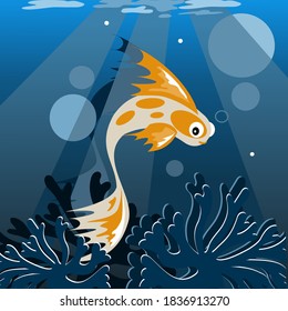 Goldfish at the bottom of the ocean surrounded by corals. Background vector  illustration.