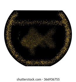 Goldfish in bowl glitter.Gold dust background on black.Gold sparkles.Vector illustration.