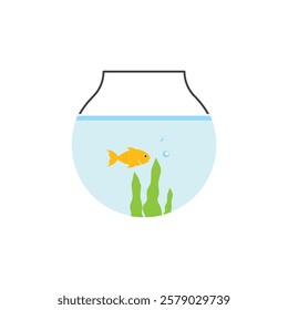 Goldfish bowl with plants and bubbles. Suitable for aquatic pet care, fish tank maintenance, water quality monitoring, and pet store advertisements.