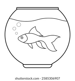 Goldfish in bowl vector illustration. Cute aquarium fish line art drawing for coloring book and design projects.