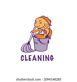 A goldfish with a bucket and a mop. Cleaning houses, apartments, offices. Cleaning Service logo. Vector.