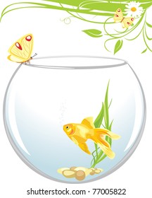 Goldfish and butterfly sitting on an aquarium. Spring composition. Vector