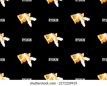 Goldfish cartoon character seamless pattern on black background. Pixel style