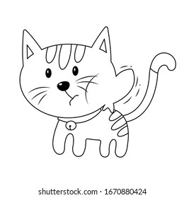 Goldfish in cat's mouth vector cartoon isolated on white background. Funny cat and fish vector cartoon. Kitten eating fish cartoon colorless for coloring book.