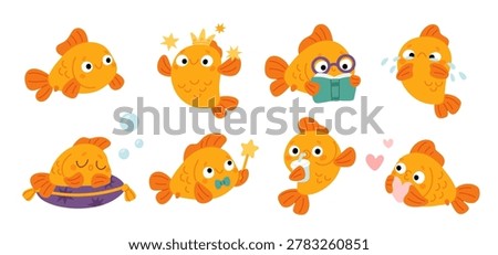 Goldfish character. Funny little fish, cute aquarium mascot, different emotions, poses and actions, sleeping, crying, Playful underwater icons for design, garish vector cartoon flat style isolated set