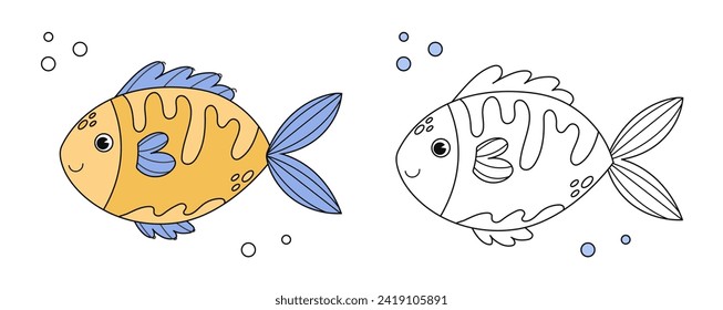 Libro de colorear peces dorados con ejemplo de colorante para niños. Colores de página con peces. Versión monocroma y en color. Ilustración de niños vectores