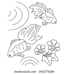 Goldfish coloring book pages for kids, Outline Vector illustration, Fish making air kiss, Vector illustration amazing underwater world, Black and white cute fishes swimming