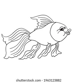 Goldfish coloring book pages for kids, Outline Vector illustration, Fish making air kiss, Vector illustration amazing underwater world, Black and white cute fishes swimming