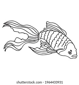 Goldfish coloring book pages for kids, Outline Vector illustration, Fish making air kiss, Vector illustration amazing underwater world, Black and white cute fishes swimming