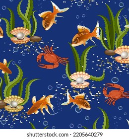 Goldfish and crabs in a pattern.Vector pattern with goldfish, crabs and pearls in shells on a colored background with algae.