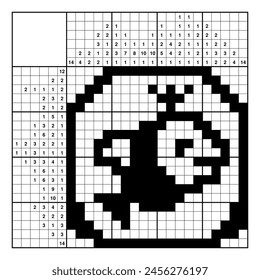 Goldfish with crown in an aquarium. Nonogram, japanese crossword, educational game. Black and white, 20x20. Logical solution. Structured customizable EPS.