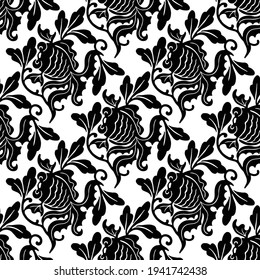 Goldfish damask seamles pattern black and white background vintage wallpaper