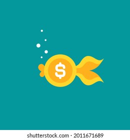 Goldfish. Dollar coin as golden fish. Flat icon isolated on blue background. Free, easy catch money. Economy, finance, money pictogram. Wealth symbol.  Spend, expenses