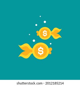 Goldfish. Dollar coin as golden fish. Flat icon isolated on blue background. Free, easy catch money. Economy, finance, money pictogram. Wealth symbol.  Spend, expenses