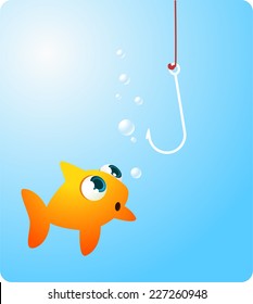 Goldfish fish looking terrified at a hook vector illustration.