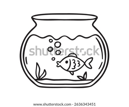 Goldfish or fish in round aquarium icon doodle hand drawn. Outline line drawing clipart symbol. Vector illustration