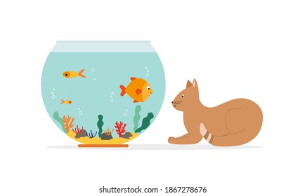 Goldfish is in fishbowl. Aquarium with swimming gold exotic fish. Underwater aquarium habitat with sea plants. Flat vector drawn illustration, isolated objects.