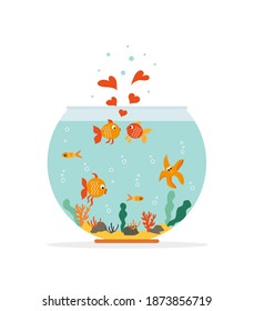 Goldfish in fishbowl. Aquarium with swimming gold exotic fish. Underwater aquarium habitat with sea plants. Flat vector drawn illustration, isolated objects.