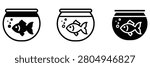 Goldfish in fishbowl icon set vector. Small fish aquarium, domestic pet care, water glass bowl with bubbles, aquatic animal life, marine ecosystem nature symbol graphic. Vector illustration.