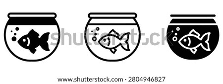 Goldfish in fishbowl icon set vector. Small fish aquarium, domestic pet care, water glass bowl with bubbles, aquatic animal life, marine ecosystem nature symbol graphic. Vector illustration.