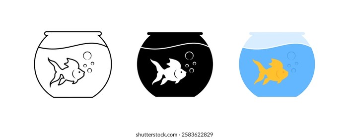 Goldfish in fishbowls: outline, silhouette, and colorful representation. Vector icon