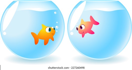 Goldfish fishes in love smiling and staring at each other, with many bubbles between them vector illustration. 