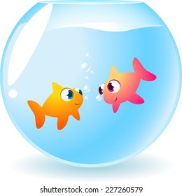 Goldfish fishes in love smiling and staring at each other, with many bubbles between them vector illustration. 