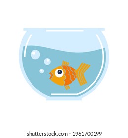 Goldfish in the glass bowl. Cartoon fish in a round aquarium. Flat vector illustration isolated on the white background.