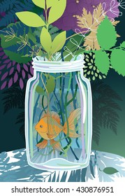 Goldfish in a glass jar with flowers
