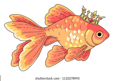 Goldfish at gold crown. Cartoon style character isolated on white background