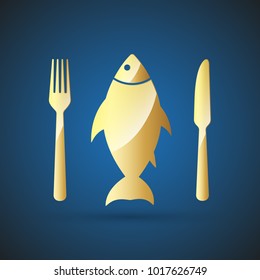 Goldfish icon - restaurant symbol. Vector illustration. Golden fish and fork with knife on blue background