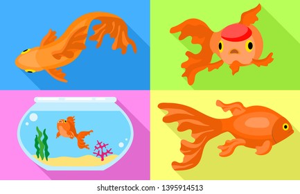Goldfish icons set. Flat set of goldfish vector icons for web design