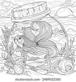 Pez dorado en un frasco en la orilla del mar. Libro de colorear antiestrés para niños y adultos. Ilustración aislada sobre fondo blanco. Dibujo a mano