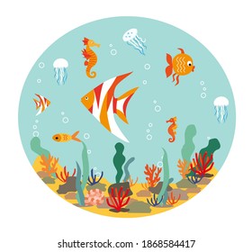 Goldfish, jellyfish, sea horse in   fishbowl. Aquarium with swimming gold exotic fish. Underwater aquarium habitat with sea plants. Flat vector drawn illustration, isolated objects.