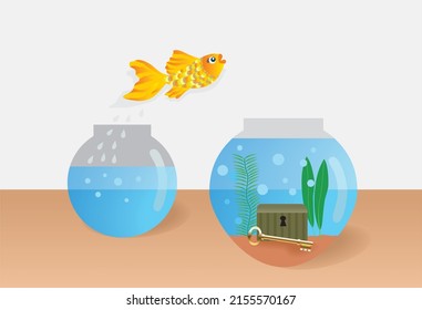 Goldfish jumping from bad to better life. Vector illustration.